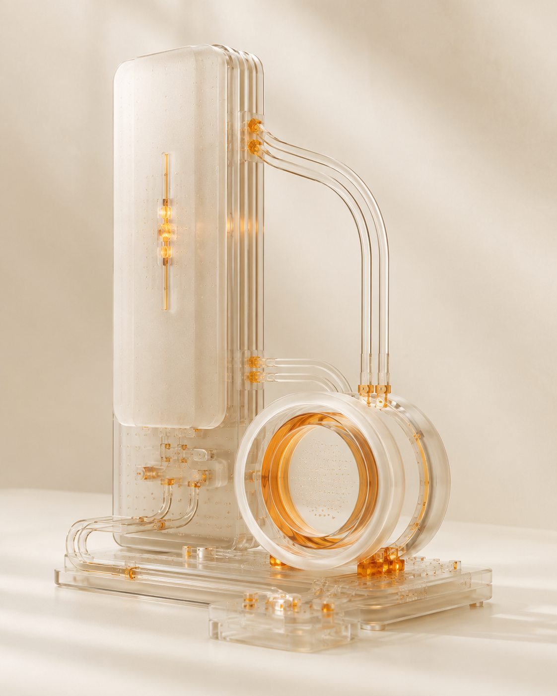 Transparent AI workshop interface with connected amber circuitry